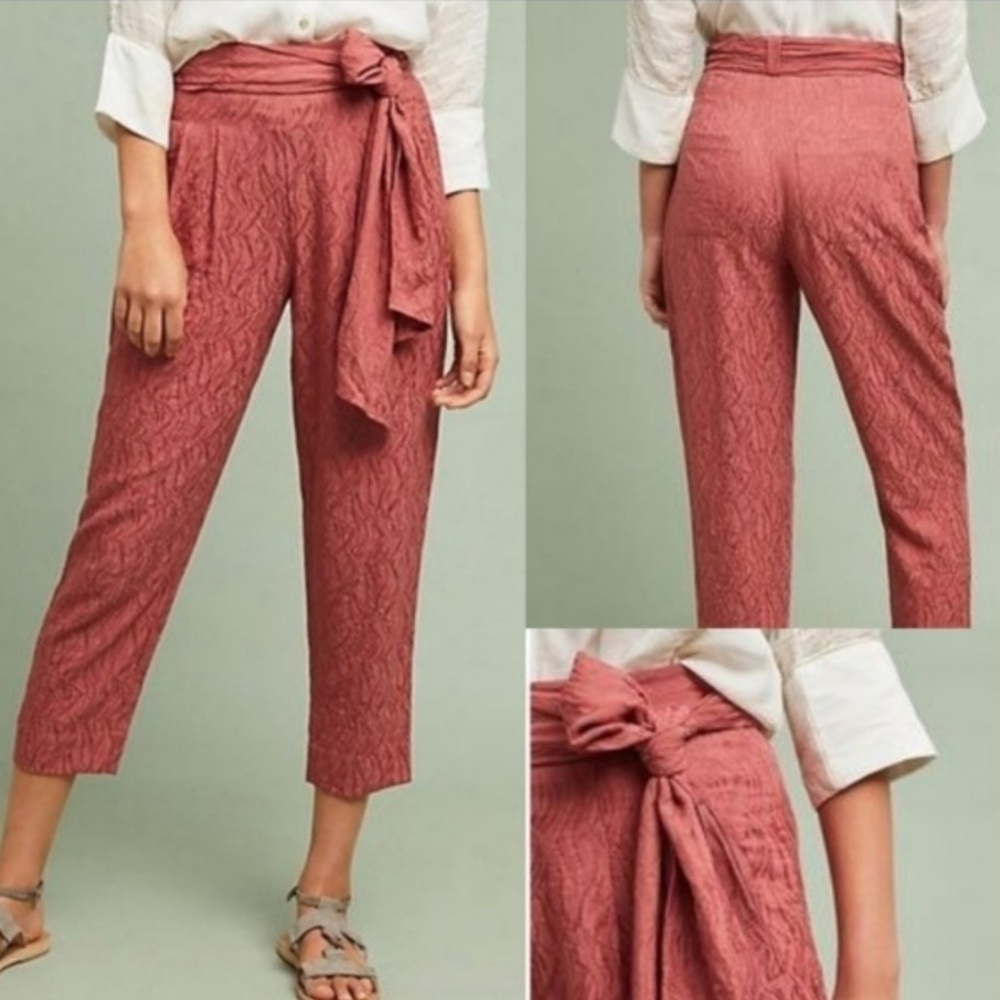 Anthropologie ETT TWA Aubade Tie Waist Dusty Rose Crop Pleated Pants